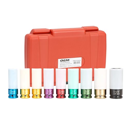 OEMTOOLS 9 Piece 1/2" Drive Wheel Protector Impact Socket Set | Extra Thin Wall Socket Set, Keeps Lug Nuts and Wheels Protected, SAE & Metric Sockets - size: 9 Piece Set