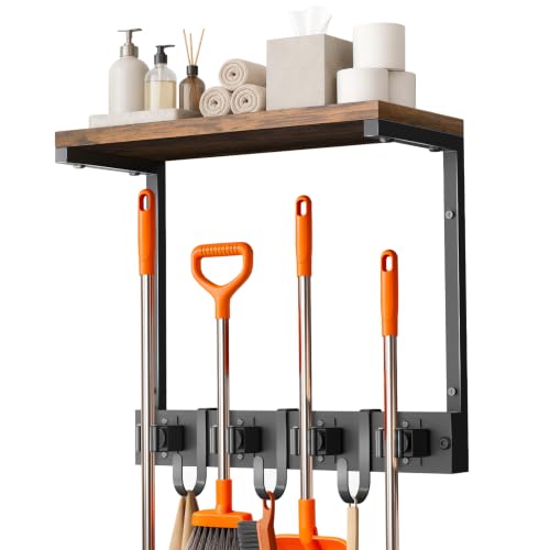 Supforce Small Broom Holder Wall Mount with Shelf, 4 Slots 3 Hooks | Black, 2-In-1 Wall Mount Stores Brooms/Mops, Cleaning Supplies With 4 Grippers/3 Hooks And A Sturdy Wooden Top Shelf - color: Black, size: Small