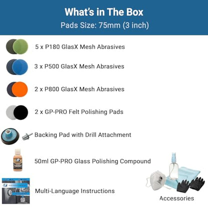 GLASS POLISH DIY Glass Scratch Removal Kit 3” (75mm) - Effective Glass Polishing with Drill or Polisher, Repairs Deep Scratches, Removes Surface Damage and Restores Original Clarity & Shine - size: 3 inch (10 Abrasives)