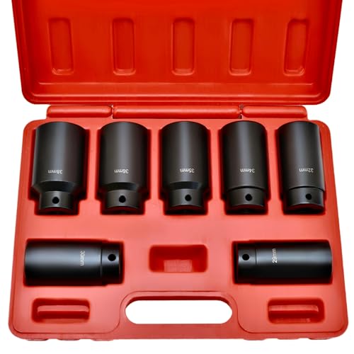 7Pcs Axle Nut Socket Set, 6-Point Metric 1/2 Impact Socket Set, 29mm to 38mm, 1/2” Drive Deep Spindle Axle Nut Impact Socket Set with Storage Case, Cr-Mo