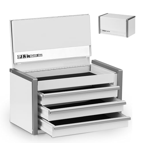 P.I.T. Mini Tool Box 8.6"W X 4.6"D, Portable 3 Drawer Steel Stackable White Tool Box with Magnetic Tab Locking, White Micro Top Chest with Liner for Tools Storage and Organizers, Home DIY - color: White, size: 3-Drawer