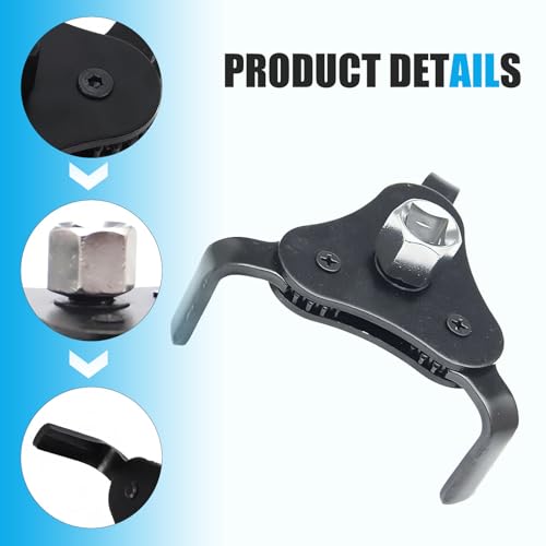 Car 3 Jaw Oil Filter Wrench, Steel Adjustable Fuel Filter Spanner, Engine Removal Tool Replacement Part with 1/2 & 3/8 Inch Square Drive, Universal for Most Car Accessories (White)