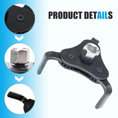 Car 3 Jaw Oil Filter Wrench, Steel Adjustable Fuel Filter Spanner, Engine Removal Tool Replacement Part with 1/2 & 3/8 Inch Square Drive, Universal for Most Car Accessories (White)