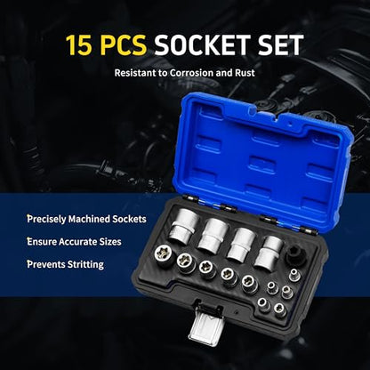 15pc External Torx Plus Socket Set Compatible with Tesla, 6 Point EP Sockets EP4, EP5, EP6, EP7, EP8, EP10, EP11, EP12, EP14, EP16, EP18, EP20, EP22, EP24 with 1/2'' 3/8'' 1/4'', Silver - color: Silver