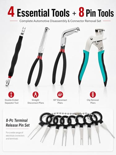 Electrical Disconnect Pliers and Car Clip Removal Tool Set | 4 automotive disconnect and clip tools plus 8 terminal release pins for wiring connectors, trim clips and fastener removal