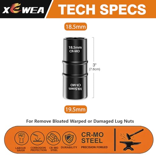 XEWEA 1/2 Inch Drive 18.5mm x 19.5mm Thin Wall Impact Flip Socket, Lug Nut Impact Socket Set Double Ended Thin Wall Nut Sockets CR-MO Twist Removal Tool for Stripped Rusted Bolts - size: 18.5 mm x 19.5 mm
