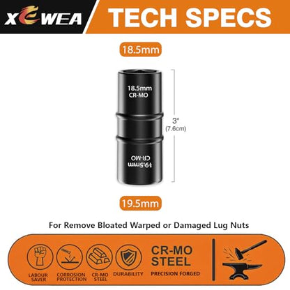 XEWEA 1/2 Inch Drive 18.5mm x 19.5mm Thin Wall Impact Flip Socket, Lug Nut Impact Socket Set Double Ended Thin Wall Nut Sockets CR-MO Twist Removal Tool for Stripped Rusted Bolts - size: 18.5 mm x 19.5 mm