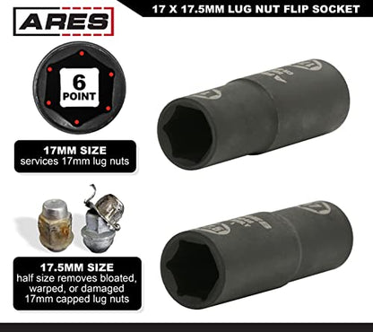 ARES 59048-1/2-inch Drive 17 x 17.5mm Half Size Lug Nut Flip Socket - Impact Grade Chrome-Moly Steel – Remove Warped, Damaged, and Bloated Chrome Capped Lug Nuts - size: 17 x 17.5mm