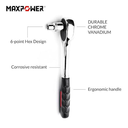 MAXPOWER 11-Piece 3/8" Ratcheting Socket Wrench Set Quick Release Reversible Ratchet Handle and Swappable Spanners Imperial Inch Sockets with Hanging Rack - color: Sae 3/8" Drive