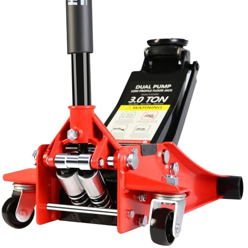 SSLine 3 Ton Floor Jack Automotive Hydraulic Car Jack Heavy Duty Steel Car Lift Service Jack Quick Rise for Tire Change, Low Profile Racing Floor Jack with Lifting Range 3.3"-18.5" 6600LB Capacity - color: Red, size: 3 Ton Dual Pump, Lifting 3.3"-18.5"