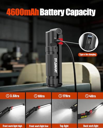 Magnetic Work Light with Red Beam, 1300LM Rechargeable Mechanic Flashlight CRI 95+ True Color, 4600mAh Under Hood Light with Magnetic Base for Car Repair, Garage & DIY