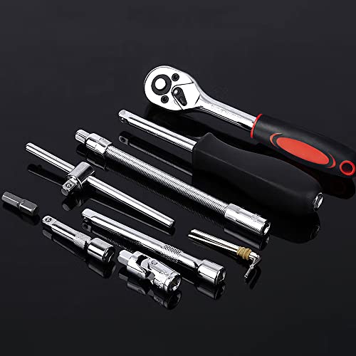 46 PCS Socket Wrench Set, Mechanic Tool Kit Quick-release Ratchet, 1/4" Drive Bit Metric Combination Tools for Auto Repairing & Household with Storage Case