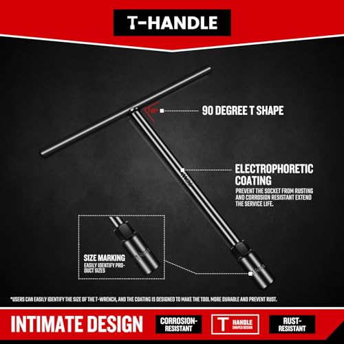 T-Handle Wrench Socket Set, 6-Point Cr-V Steel T Wrench Set Metric Size 6mm to 19mm, Lug Tool Socket with Long Reach for Motorcycle Bicycle Car Repair (11 Pack) - size: 11 Pack