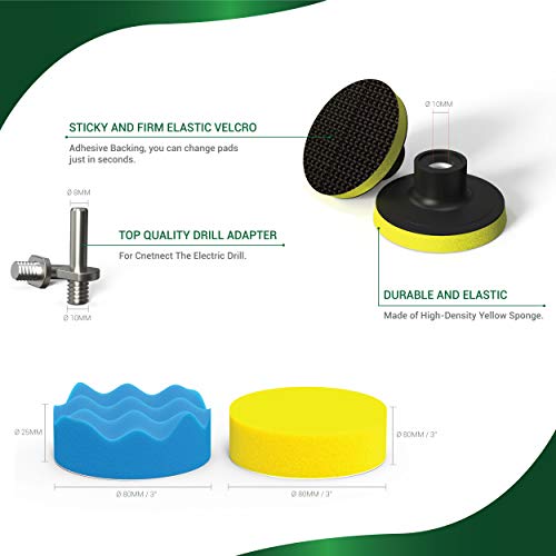 Car Foam Drill Polishing Pad Kit by SCRUBIT – 22 Pack, Includes 16 Detailing Sponges (3 in.), 2 Wool Buffer Pads, 2 Drill Adapters and Suction Cups for Your Vehicle - Waxing and Polisher Set