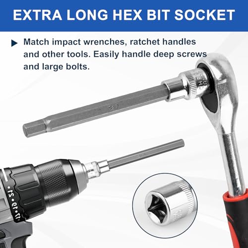 20PCS Extra-Long Allen Hex Bit Socket Set, 3/8 Inch Drive Allen Socket Set, SAE & Metric(1/8"-7/16", 3-12mm), CR-V and S2 Alloy Steel