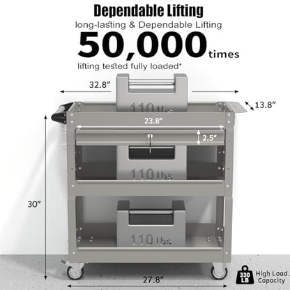 3-Tier Rolling Utility Cart, Metal Tool Cart on Wheels with Lockable-Gray | 330 lb. Load Capability Heavy Duty Tool Cart with Drawers, Mechanic Tool Cart for Garage, Warehouse, Repair Shop - color: Gray