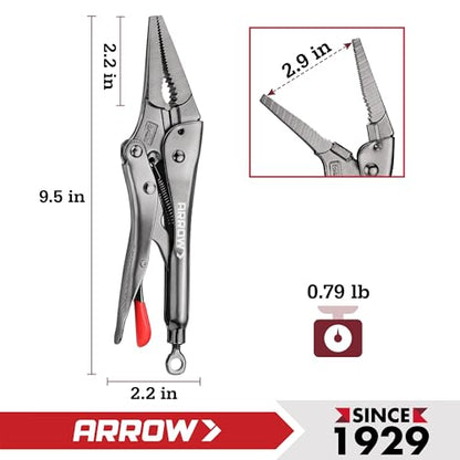 ARROW 9.5 in Needle Nose Locking Pliers, CR-MO Jaw, Long Nose Locking Pliers, Adjustable Clamping Pressure with Through-Hole Screw, Trigger Release, Ideal for Tight Spaces - size: 9.5 in