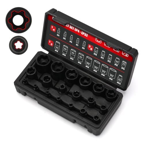 CASOMAN 19PCS External Torx Plus Socket Set, 6 & 5 Point EP Sockets EP4-EP32 with 1/2'', 3/8'' & 1/4'' Dr. EP8.8 Compatible with Tesla, Cr-V Steel - size: 19PCS