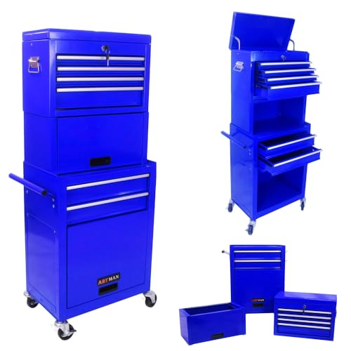 6-Drawer Tool Chest, 3-in-1 Rolling Tool Box with Detachable Top Toolbox & Key Lock,Tool Cabinet with Protective Liner & Universal Lockable Wheels,Metal Storage Cart for Garage,Workshop (Blue) - color: Blue, size: 6 Drawers
