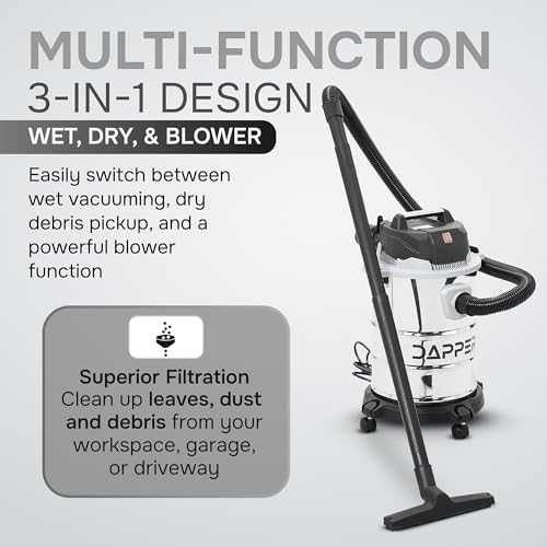 Dapper Supply 6 Gallon 3.0 Peak HP Wet/Dry Vacuum, Stainless Steel Tank, 3 in 1 Function Portable Shop Vacuum with Attachments, Ideal for Jobsite, Garage & Workshop. - size: 6 Gal