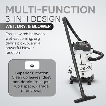 Dapper Supply 6 Gallon 3.0 Peak HP Wet/Dry Vacuum, Stainless Steel Tank, 3 in 1 Function Portable Shop Vacuum with Attachments, Ideal for Jobsite, Garage & Workshop. - size: 6 Gal