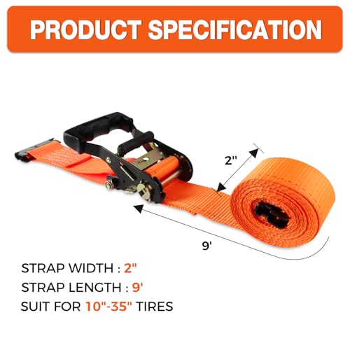 Wheel Chock Tie Down Kit (4500lb Break Strength) Heavy Duty Trailer Tire Straps System for ATV, UTV, Lawn Mower & More - Ratchet Tie Downs Accessories with E Track for Four Wheeler | 2"x9' E-track Ratchet Straps,8 Pack Steel Wheel Blocks,Compatible with A