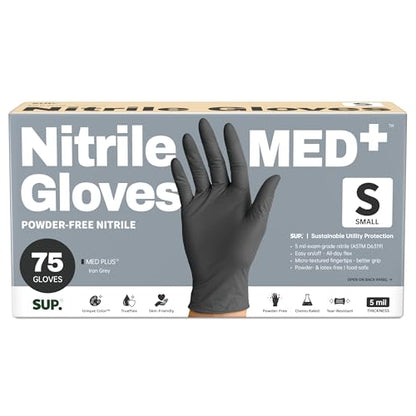 SUP MED+ Black Nitrile Exam Gloves, 5 Mil Disposable Gloves Latex & Powder-Free Medical Food Safe Cooking Glove, 75 or 750 Ct - color: 100 Small (Black)