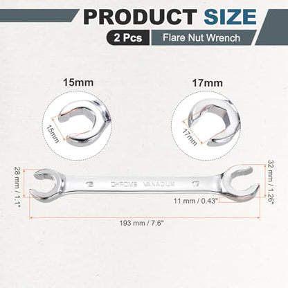 HARFINGTON 2 Pcs Flare Nut Wrench 15mm x 17mm Metric Double Open End Thick Spanner Mirror Polish Finish 45# Steel Brake Line Wrench For Fuel Tube Hose Transmission Line, Silver - size: 15mm x 17mm