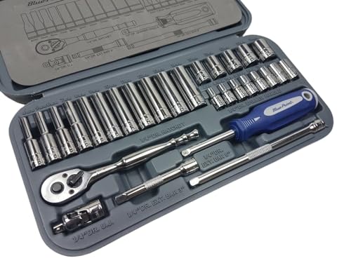 Blue Point BLPATSM1429 29-Piece 1/4" Drive Metric Socket Set, 6-Point Shallow & Deep Sockets 4-14mm, Quick Release Ratchet, Extension Bars, Universal Joint & Storage Case