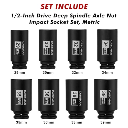 CASOMAN 1/2-Inch Drive Deep Spindle Axle Nut Impact Socket Set,12-Point, Metric, CR-MO, 29, 30, 32, 34, 35, 36, 38, 39mm, 8-Piece 1/2" Heavy Duty Impact Socket Set - size: 8 PCS