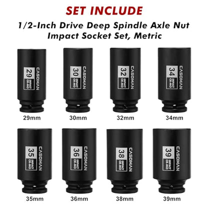 CASOMAN 1/2-Inch Drive Deep Spindle Axle Nut Impact Socket Set,12-Point, Metric, CR-MO, 29, 30, 32, 34, 35, 36, 38, 39mm, 8-Piece 1/2" Heavy Duty Impact Socket Set - size: 8 PCS