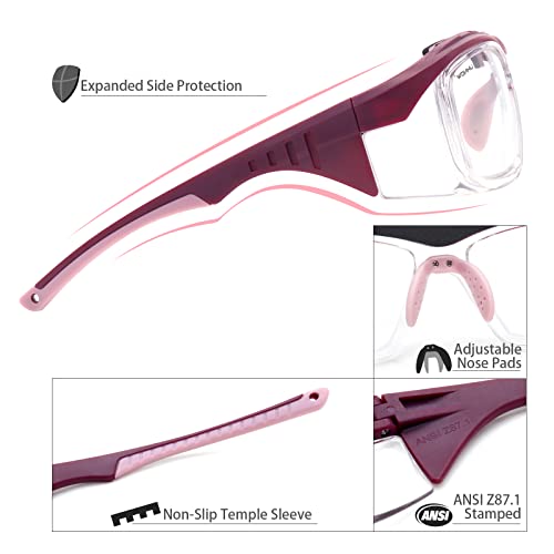 UKNOW Safety Glasses Anti Fog, Eye Protection with Clear UV Protection Lenses & Side Shields, ANSI Z87.1 Protective Eyewear - color: Burgundy Red