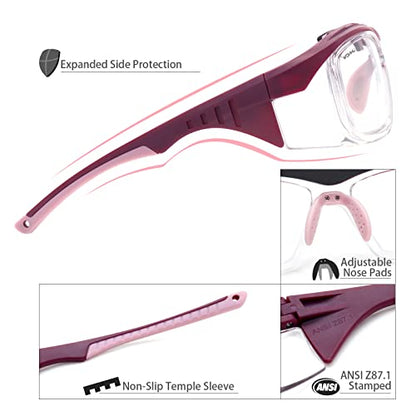 UKNOW Safety Glasses Anti Fog, Eye Protection with Clear UV Protection Lenses & Side Shields, ANSI Z87.1 Protective Eyewear - color: Burgundy Red