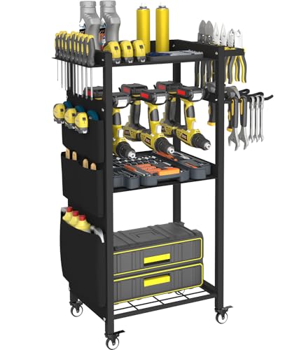 4-Tier Rolling Power Tool Organizer Storage Cart, Garage Organization on Wheels Tool Cart with Drill Set Rack Shelf, Mechanic Utility Cart for Workbench & Outdoors Working, Gift for Men Dad