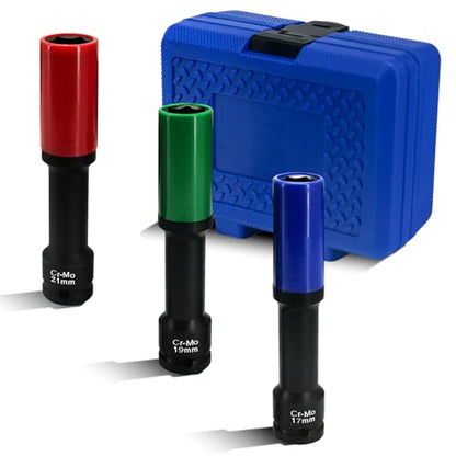 3PCS Lug Nut Socket Set, 1/2" Drive Impact Extra-Long Impact Socke | 17mm, 19mm, 21mm, 6 Point, Non-Marring, Thin Wall, Deep Socket, Wheel Protector, Protective Socket, Color-Coded, Cr-Mo Steel
