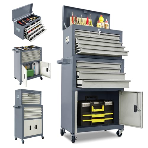 13 Drawer Rolling Tool Chest with Double Door, 2 in 1 Detachable Tool Box with Lock, Heavy Duty Rolling Tool Cabinet with Wheels & Brakes, Mechanic Tool Cart Organizer for Garage Workshop (Gray) - color: Gray