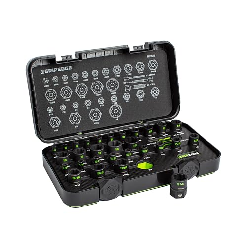 GripEdge | 32-PC 1/4" & 3/8" Drive Metric & SAE Master Socket Extractor Set| Includes sizes - 4-19mm & 3/16-3/4" | Includes Premium Plastic Case With Foam Insert |