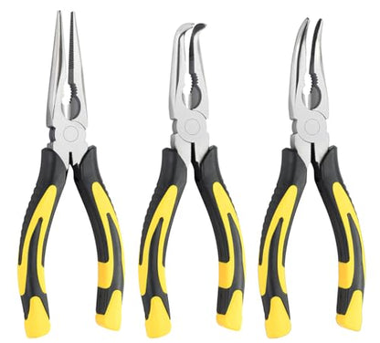 3pcs 8inch Reach Needle Nose Pliers Set for Narrow Spaces | Straight Needle Nose Pliers,45°&90°Bent Nose Pliers,Pliers Tool Set for Hard to Reach Areas & Precision Work