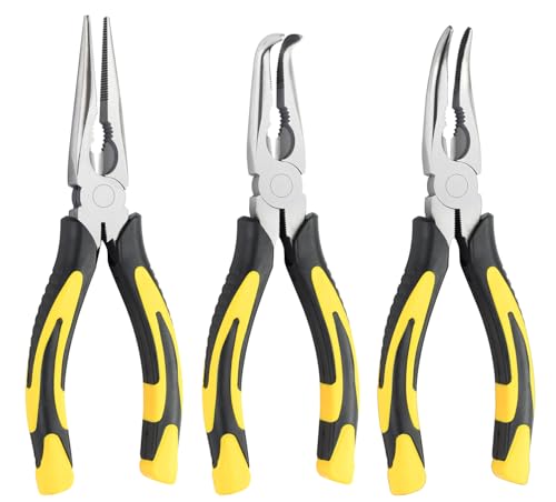 3pcs 8inch Reach Needle Nose Pliers Set for Narrow Spaces | Straight Needle Nose Pliers,45°&90°Bent Nose Pliers,Pliers Tool Set for Hard to Reach Areas & Precision Work