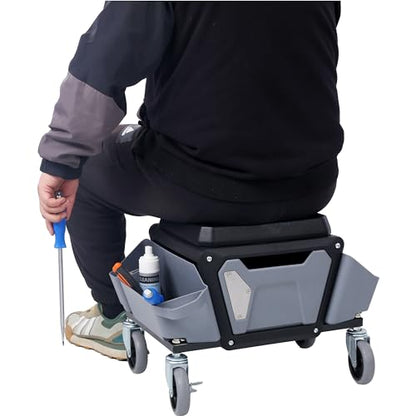 Mechanic Stool Seat Chair with Wheels, Heavy Duty Rolling Garage Stool with Soft Rubber Cushion Seating and Drawer, 330 LBS Capacity, Rolling Tool Seat for Shop, Auto Repair (Gray) - color: Grey