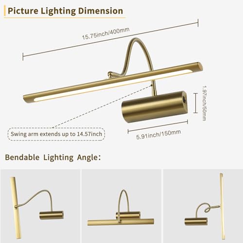 JOOSENLUX Battery Operated Picture Lights Gold Wall Lights Wireless Flexible Neck with Remote Rechargeable Wall Lights for Pictures 16" Dimmable Display Art Light with Timer 3000K Brass - color: Brass, size: Model A
