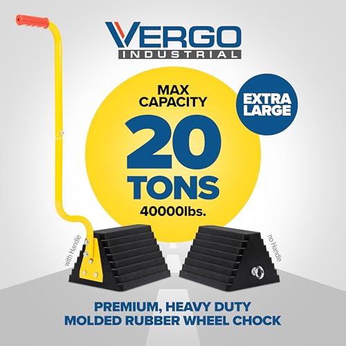 Vergo Industrial Extra Large Wheel Chock with Handle - Heavy Duty Molded Rubber XL Wheel Chock for Trucks, Trailers, RVs or Large Freight Equipment - Max Weight Capacity 20 Tons / 40,000 lbs - style: With Handle (1pack)