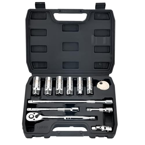 AEROFORCE 12PCS 3/8" Drive Spark Plug Socket Set with Ratchet Handle, Universal Joint, Extension Bar & Spark Plug Gapper, Fits 9/16", 5/8", 3/4", 13/16", 14mm, 18mm, CR-V Steel with Rubber Holder Ring - size: 12PCS