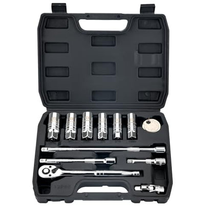 AEROFORCE 12PCS 3/8" Drive Spark Plug Socket Set with Ratchet Handle, Universal Joint, Extension Bar & Spark Plug Gapper, Fits 9/16", 5/8", 3/4", 13/16", 14mm, 18mm, CR-V Steel with Rubber Holder Ring - size: 12PCS