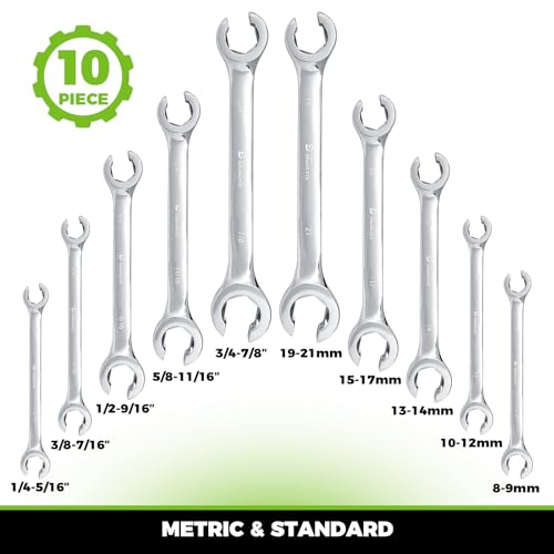 Der Erwachte Flare Nut Wrench Set, Standard & Metric, 10-Piece, 1/4" to 7/8'' & 8-21mm, CR-V Steel, Brake Line Wrench Set with Organizer Pouch - size: 10PC SAE&METRIC