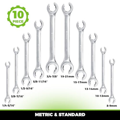 Der Erwachte Flare Nut Wrench Set, Standard & Metric, 10-Piece | 1/4" to 7/8'' & 8-21mm, CR-V Steel, Brake Line Wrench Set with Organizer Pouch - size: 10pc, SAE&Metric