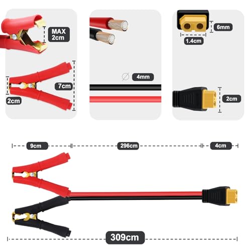 XT60 to Alligator Clip Cable 12AWG 30A XT60 Female to Alligator Clips 12V 24V, for Power Station, Cars Motorcycles, Tractor, Ship (3 m/10 ft) - size: 3 m/10 ft