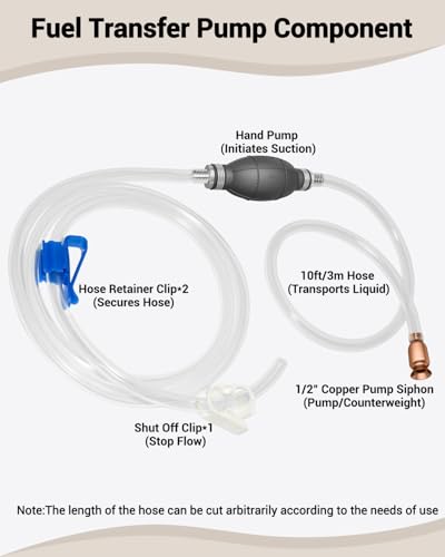 Hand Siphon Pump - Fuel Transfer Pump, Portable Gasoline Transfer Pump with 10 Ft PVC Hoses, Clip & Brass for Oil, Diesel, Water & Liquids. - color: White