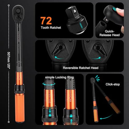 1/2-Inch Drive Torque Wrench Set 22PCS, 10-180FT.LB/13.6-244.1Nm, Click Torque Wrench Socket Set, 72-Tooth Dual-direction, ±3% Precision Adjustable Torque Wrench for Lug Nut, Bicycle, Moto, Car - size: 1/2-inch (22pcs, 10-180 ft.lb/13.6-244.1 nm)