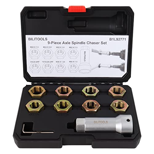 BILITOOLS 10-Piece Axle Spindle and Wheel Stud Thread Chaser Set | Includes M20x1.25, M20x1.5, M22x1.0, M22x1.5, M24x1.5, M24x2.0, 13/16"-20 and 3/4"-20 UNF, 27 mm Extension Bar and Case